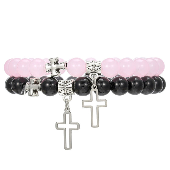 Elegant Geometric Cross Pendant Alloy Black Diamond Imitation Pearl Beaded Handmade Bracelet For Men