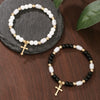 Elegant Geometric Cross Pendant Alloy Black Diamond Imitation Pearl Beaded Handmade Bracelet For Men