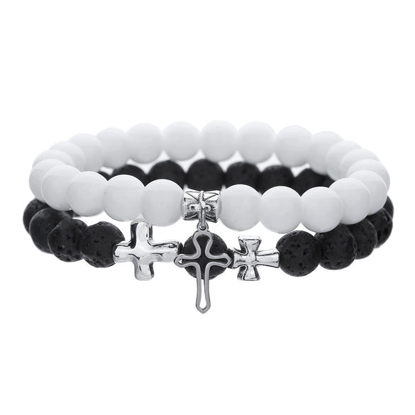 Elegant Geometric Cross Pendant Alloy Black Diamond Imitation Pearl Beaded Handmade Bracelet For Men