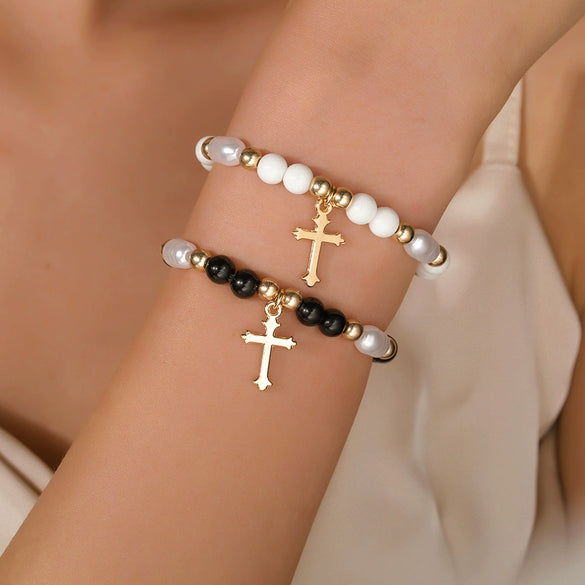 Elegant Geometric Cross Pendant Alloy Black Diamond Imitation Pearl Beaded Handmade Bracelet For Men