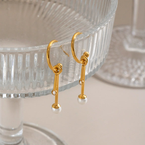 Elegant Geometric Cshaped Detachable Tassel Earrings With Zircon And Pearl Accents Stainless Steel Posts And Vacuum Gold Pvd Plating