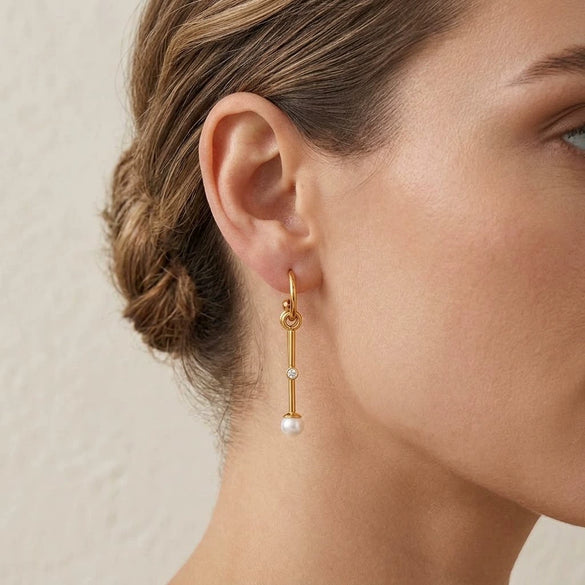 Elegant Geometric Cshaped Detachable Tassel Earrings With Zircon And Pearl Accents Stainless Steel Posts And Vacuum Gold Pvd Plating