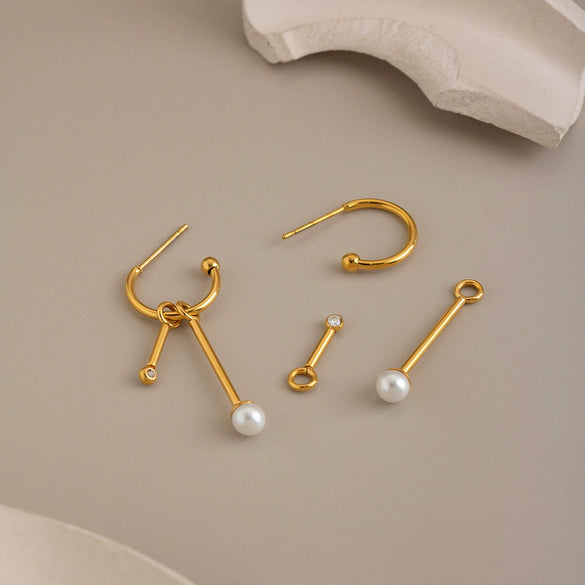 Elegant Geometric Cshaped Detachable Tassel Earrings With Zircon And Pearl Accents Stainless Steel Posts And Vacuum Gold Pvd Plating