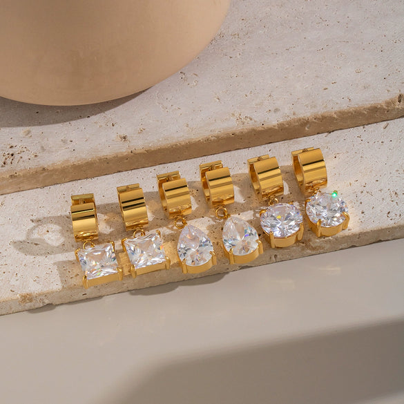 Elegant Geometric Cubic Zirconia Pendant Earrings Goldplated Stainless Steel Jewelry For Women With A Modern Niche Style