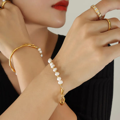 Elegant Geometric Freshwater Pearl Titanium Steel Beaded Plating 18k Gold Plated Bracelets