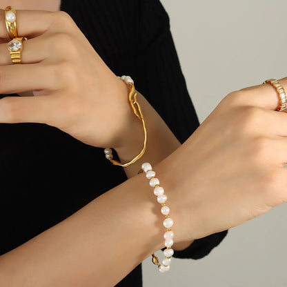 Elegant Geometric Freshwater Pearl Titanium Steel Beaded Plating 18k Gold Plated Bracelets