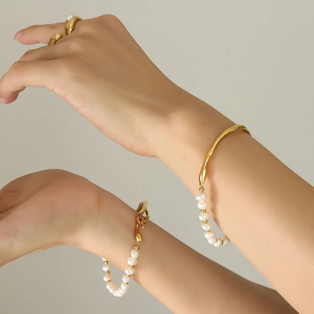 Elegant Geometric Freshwater Pearl Titanium Steel Beaded Plating 18k Gold Plated Bracelets