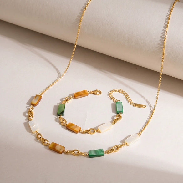 Elegant Geometric Shell Inlay Gold Plated Stainless Steel Necklace And Bracelet Set For Women