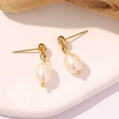 Elegant Geometric Stainless Steel Drop Earrings Gold Plated Pearl Stainless Steel Earrings