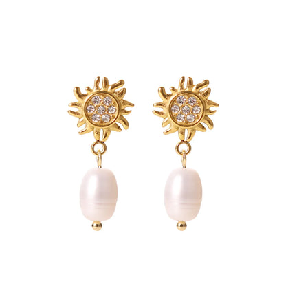 Elegant Geometric Stainless Steel Inlay Pearl Zircon Earrings 1 Pair