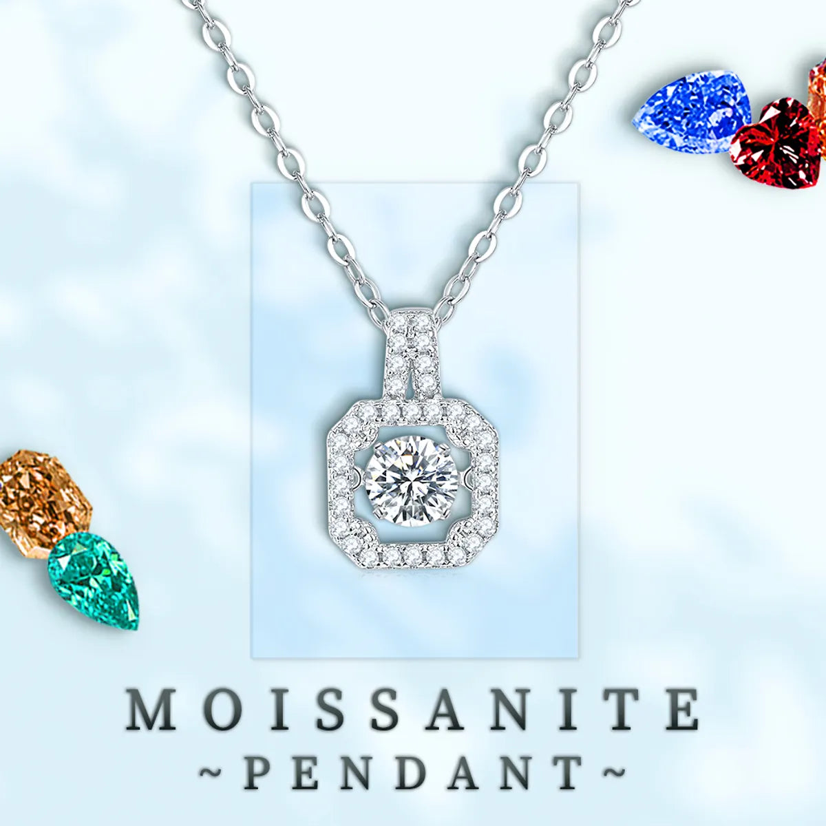 Elegant Geometric Sterling Silver Gra Inlay Moissanite Rhodium Plated Pendant Necklace