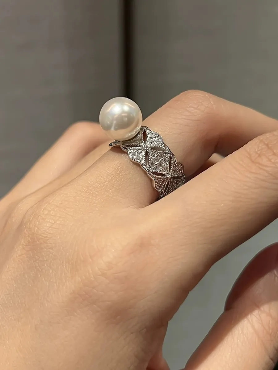 Elegant Geometric Sterling Silver Inlay Artificial Pearls Zircon White Gold Plated Adjustable Ring