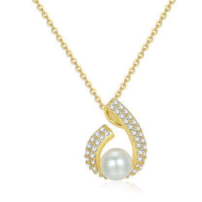 Elegant Geometric Sterling Silver Plating Inlay Freshwater Pearl Zircon Pendant Necklace