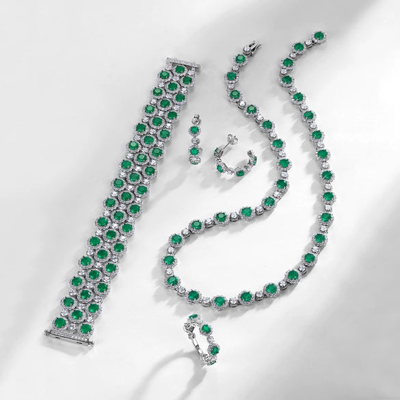 Elegant Geometric Synthetic Emerald Earrings 925 Silver With Diamond Design
