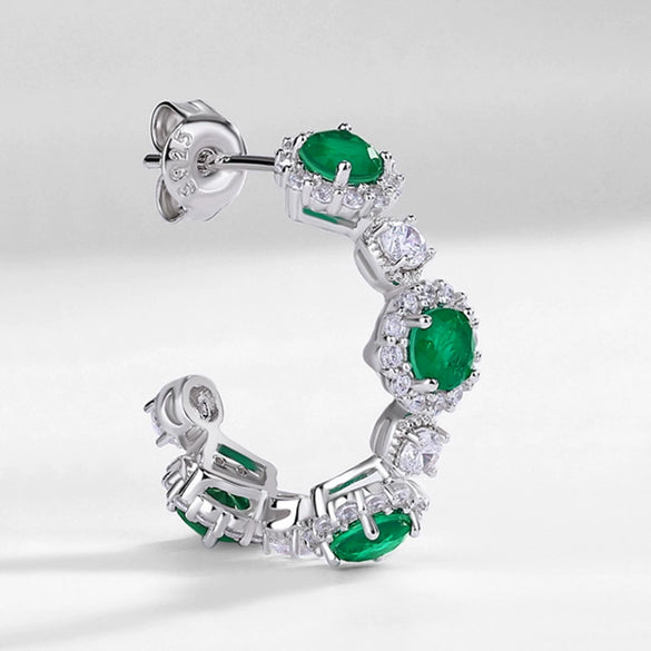 Elegant Geometric Synthetic Emerald Earrings 925 Silver With Diamond Design