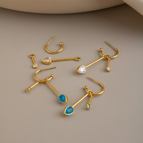 Elegant Geometric Titanium Steel Earrings With Detachable Cshaped Tassels Cubic Zirconia And Vacuum Gold Pvd Plating