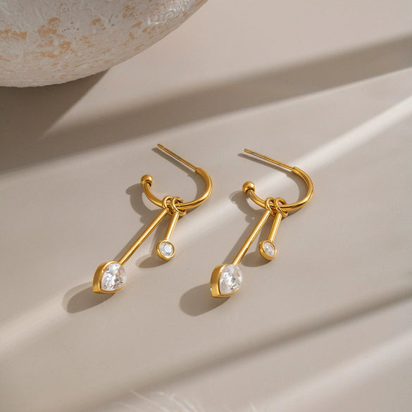 Elegant Geometric Titanium Steel Earrings With Detachable Cshaped Tassels Cubic Zirconia And Vacuum Gold Pvd Plating