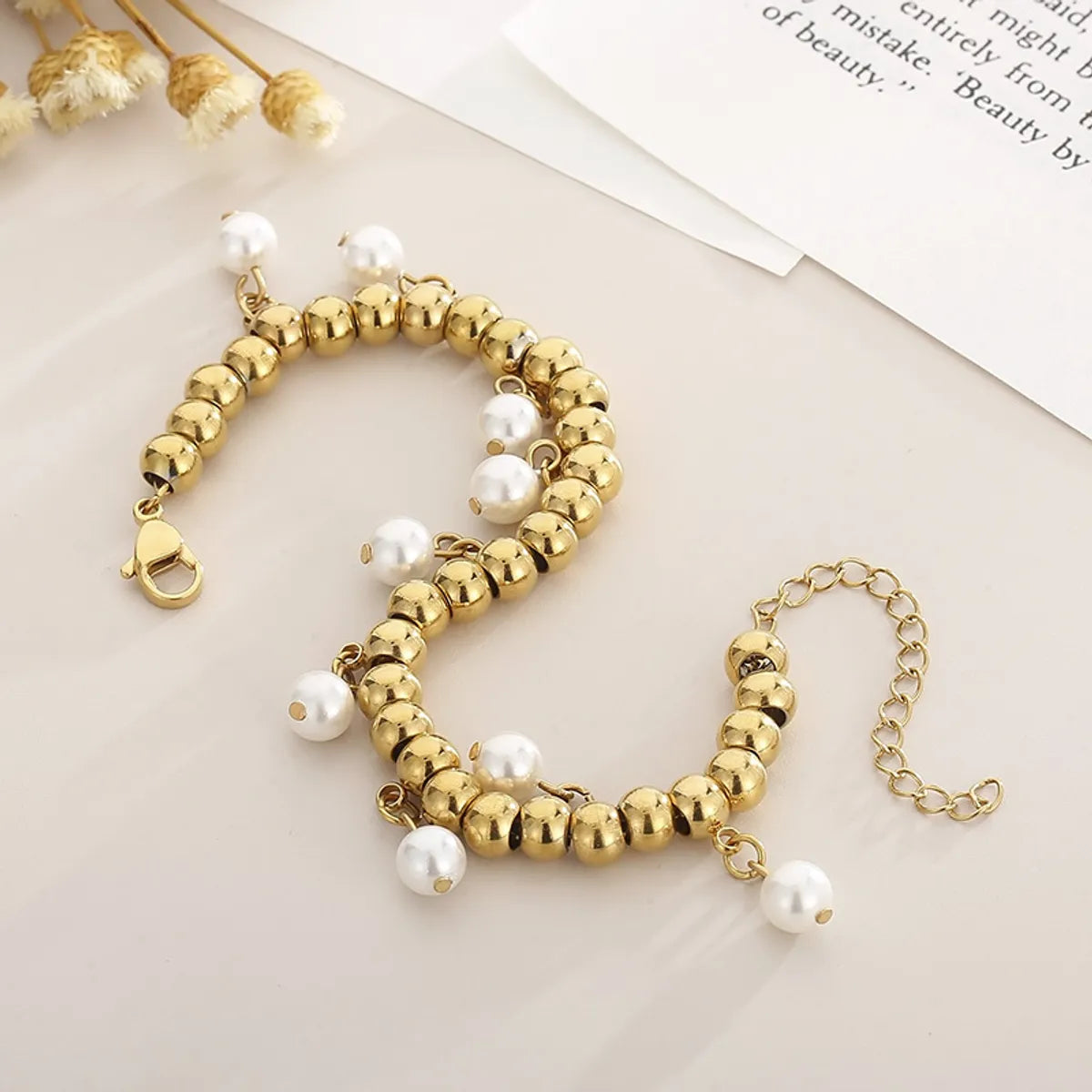 Elegant Geometric Titanium Steel Gold Plated Artificial Pearls Bracelets