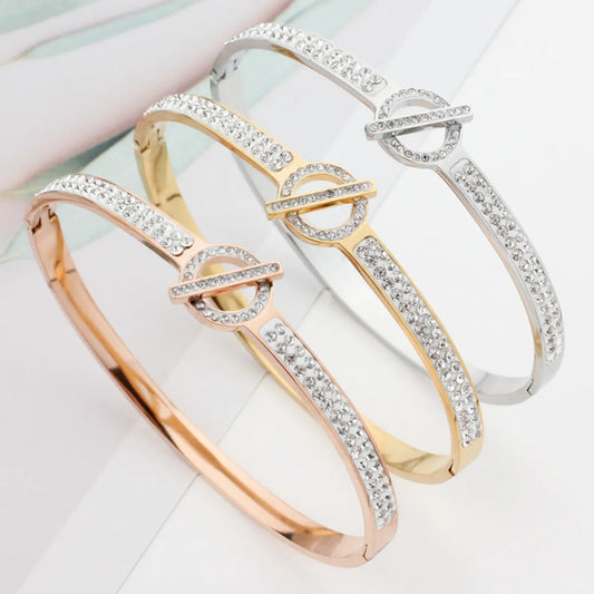 Elegant Geometric Titanium Steel Inlay Rhinestones Bangle