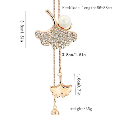 Elegant Ginkgo Leaf Alloy Inlay Artificial Pearls Glass Women'S Sweater Chain