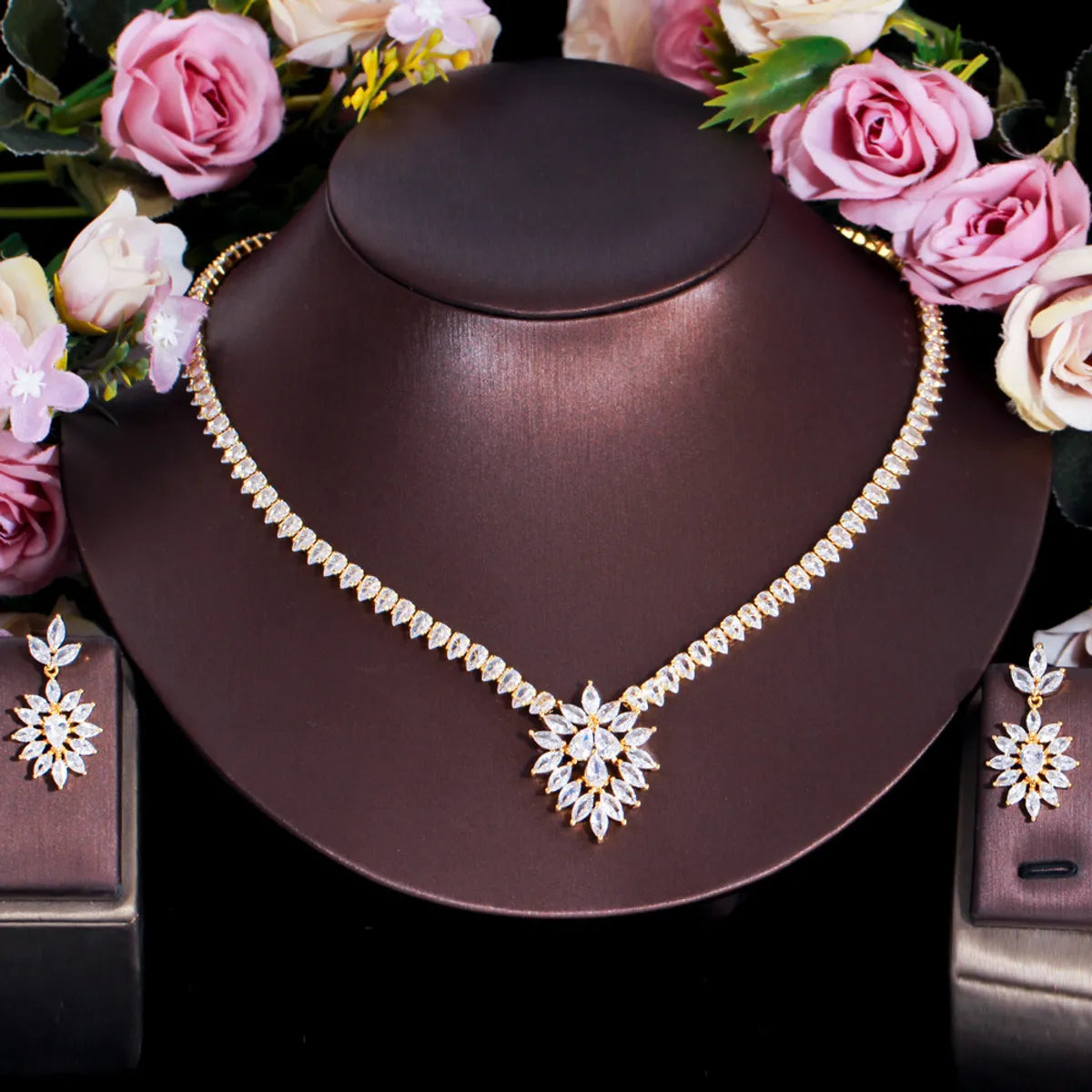 Elegant Glam Bridal Water Droplets Flower Snowflake Copper Plating Inlay Artificial Gemstones 14k Gold Plated White Gold Plated Rhodium Plated Jewelry Set