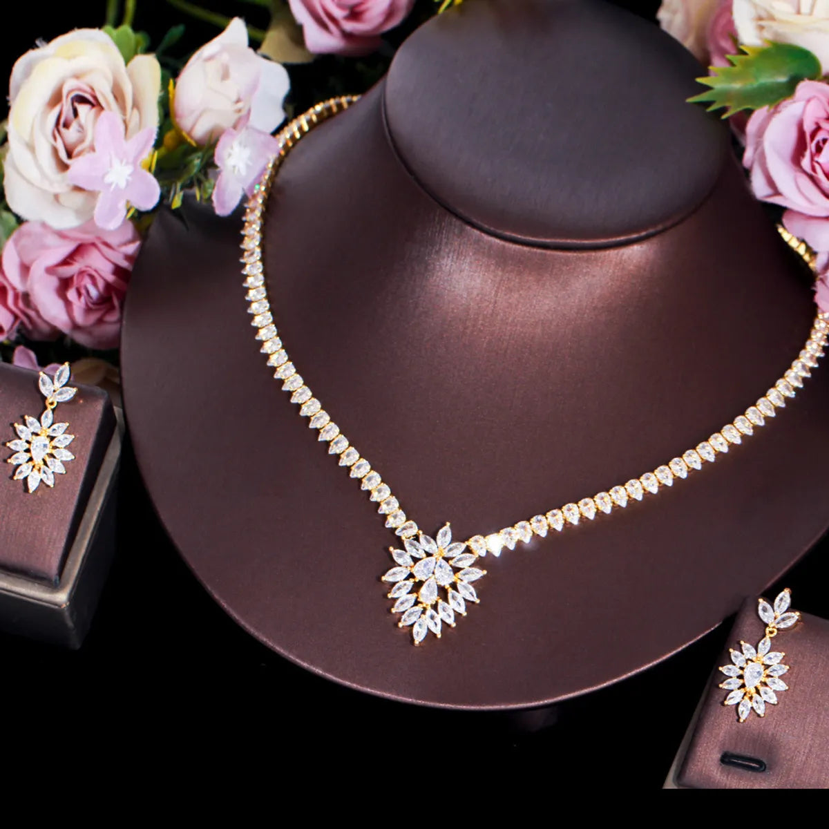 Elegant Glam Bridal Water Droplets Flower Snowflake Copper Plating Inlay Artificial Gemstones 14k Gold Plated White Gold Plated Rhodium Plated Jewelry Set