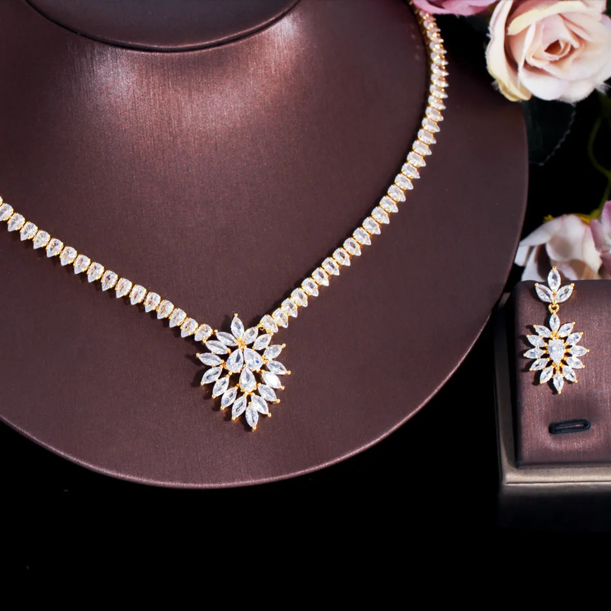 Elegant Glam Bridal Water Droplets Flower Snowflake Copper Plating Inlay Artificial Gemstones 14k Gold Plated White Gold Plated Rhodium Plated Jewelry Set