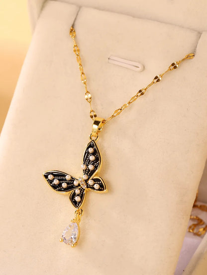 Elegant Glam Butterfly Stainless Steel Enamel Plating Inlay Artificial Pearls Zircon 18k Gold Plated Pendant Necklace