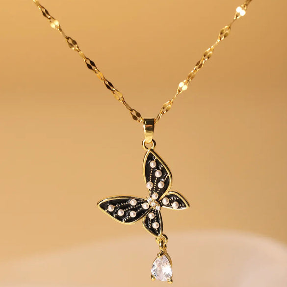 Elegant Glam Butterfly Stainless Steel Enamel Plating Inlay Artificial Pearls Zircon 18k Gold Plated Pendant Necklace