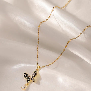 Elegant Glam Butterfly Stainless Steel Enamel Plating Inlay Artificial Pearls Zircon 18k Gold Plated Pendant Necklace