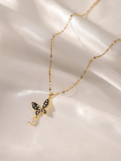 Elegant Glam Butterfly Stainless Steel Enamel Plating Inlay Artificial Pearls Zircon 18k Gold Plated Pendant Necklace