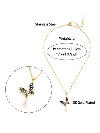 Elegant Glam Butterfly Stainless Steel Enamel Plating Inlay Artificial Pearls Zircon 18k Gold Plated Pendant Necklace