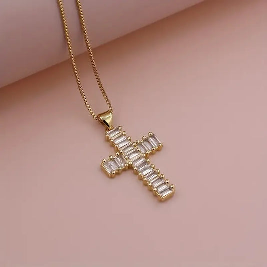 Elegant Glam Cross Copper Plating Inlay Zircon 18k Gold Plated Pendant Necklace