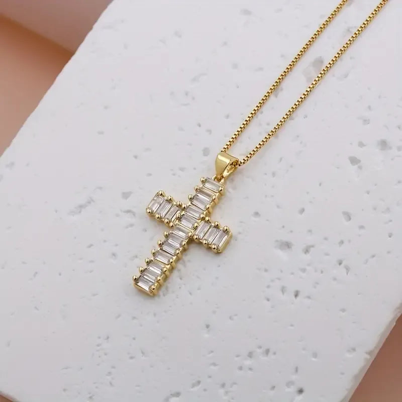 Elegant Glam Cross Copper Plating Inlay Zircon 18k Gold Plated Pendant Necklace