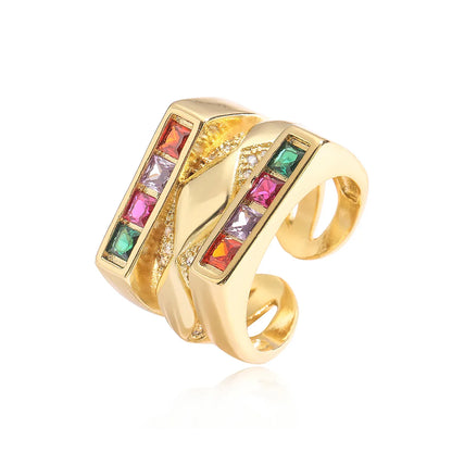 Elegant Glam Geometric Copper Plating Inlay Zircon 18k Gold Plated Open Rings