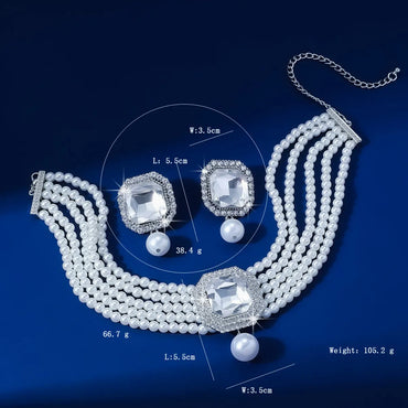 Elegant Glam Geometric Imitation Pearl Copper Crystal Zircon Women's Earrings Necklace Jewelry Set