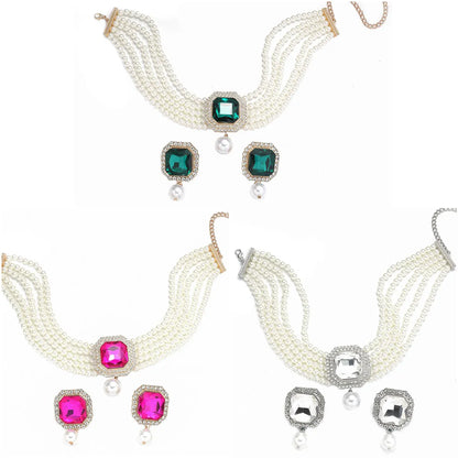 Elegant Glam Geometric Imitation Pearl Copper Crystal Zircon Women's Earrings Necklace Jewelry Set