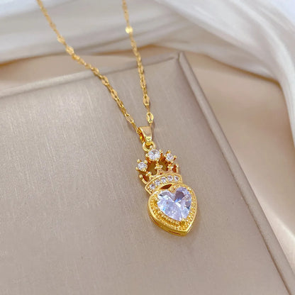 Elegant Glam Heart Shape Crown Titanium Steel Copper Zircon Pendant Necklace In Bulk