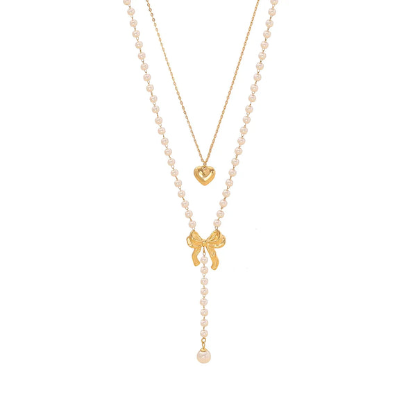 Elegant Glam Heart Shape Pearl Bow Knot 304 Stainless Steel Imitation Pearl Plating 18K Gold Plated Women'S Jewelry Set