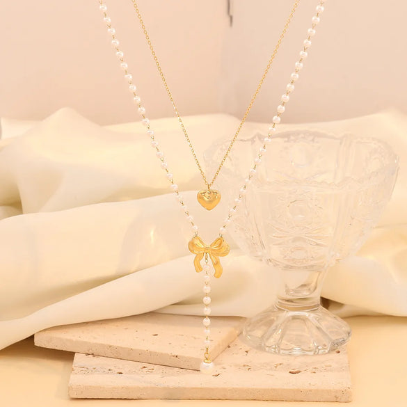 Elegant Glam Heart Shape Pearl Bow Knot 304 Stainless Steel Imitation Pearl Plating 18K Gold Plated Women'S Jewelry Set