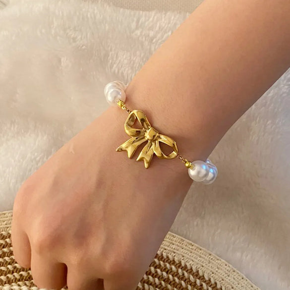 Elegant Glam Heart Shape Pearl Bow Knot 304 Stainless Steel Imitation Pearl Plating 18K Gold Plated Women'S Jewelry Set