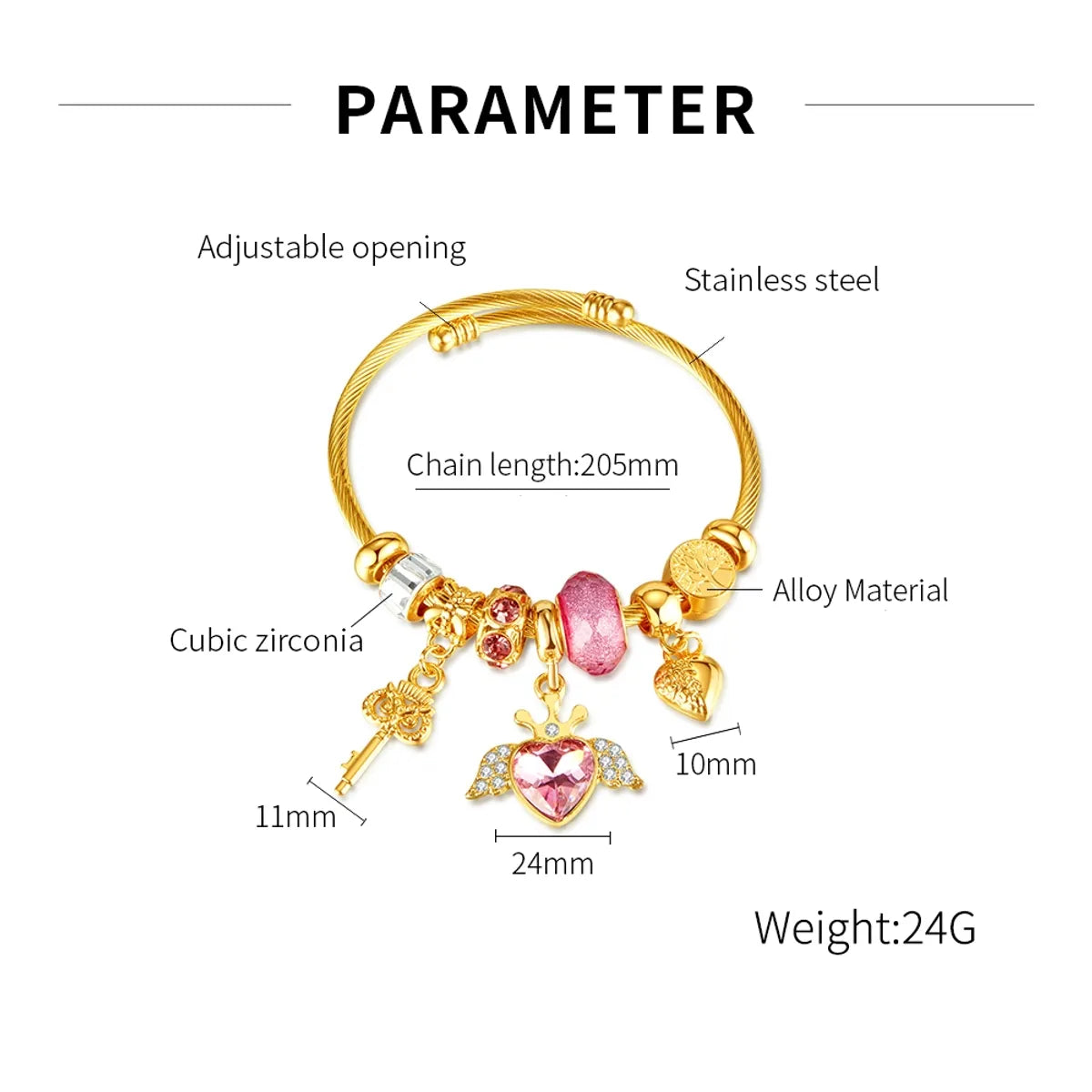 Elegant Glam Heart Shape Wings Key Stainless Steel Alloy Plating Inlay Zircon Bangle