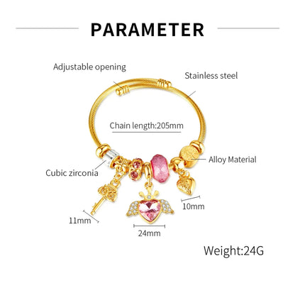 Elegant Glam Heart Shape Wings Key Stainless Steel Alloy Plating Inlay Zircon Bangle