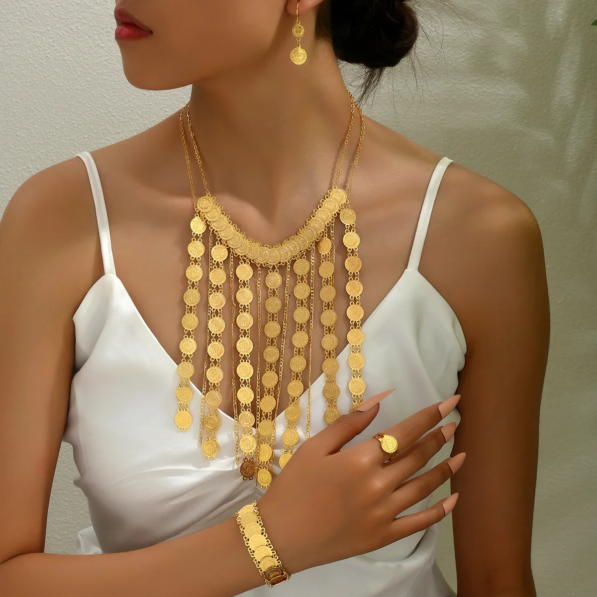 Elegant Glam Lady Geometric Copper Tassel Plating 18k Gold Plated Rings Earrings Necklace