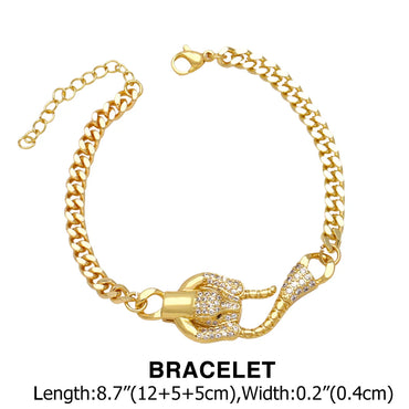 Elegant Glam Leopard Head Copper Plating Inlay Zircon 18k Gold Plated Bracelets Necklace