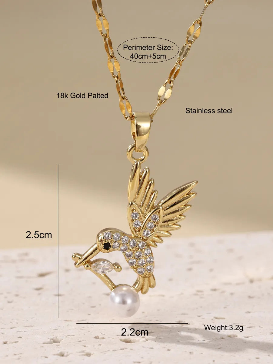 Elegant Glam Luxurious Bird Stainless Steel Plating Inlay Zircon 18k Gold Plated Pendant Necklace