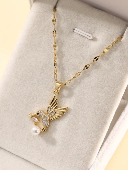 Elegant Glam Luxurious Bird Stainless Steel Plating Inlay Zircon 18k Gold Plated Pendant Necklace