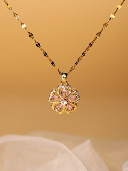 Elegant Glam Luxurious Flower Stainless Steel Plating Hollow Out Inlay Zircon 18k Gold Plated Pendant Necklace