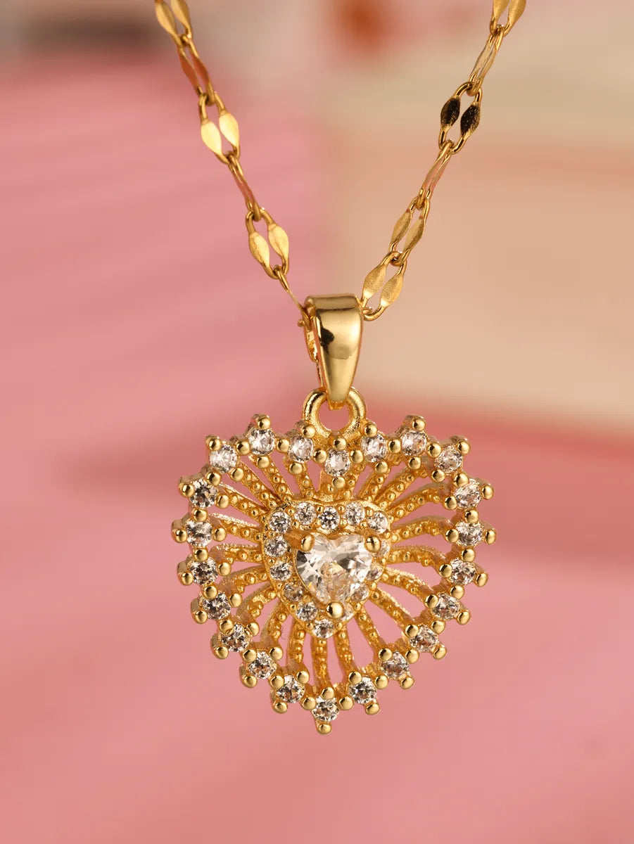 Elegant Glam Luxurious Heart Shape Stainless Steel Plating Hollow Out Inlay Zircon 18k Gold Plated Pendant Necklace