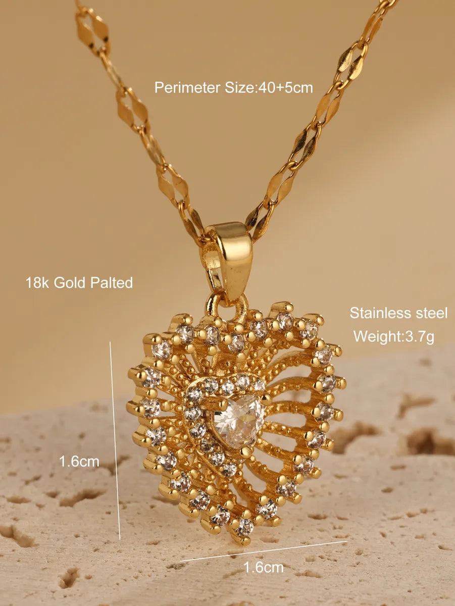 Elegant Glam Luxurious Heart Shape Stainless Steel Plating Hollow Out Inlay Zircon 18k Gold Plated Pendant Necklace